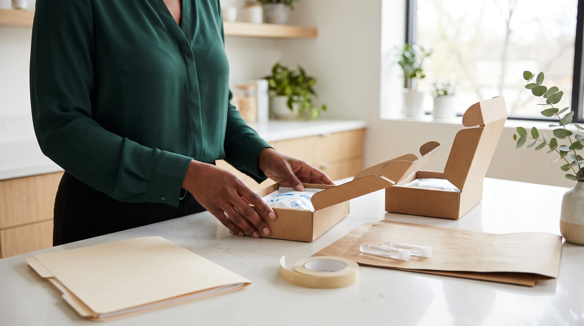 Hands of a practitioner assembling lab return kits with boxes, cool pack, vials and a blank follow-up folder on a stone countertop