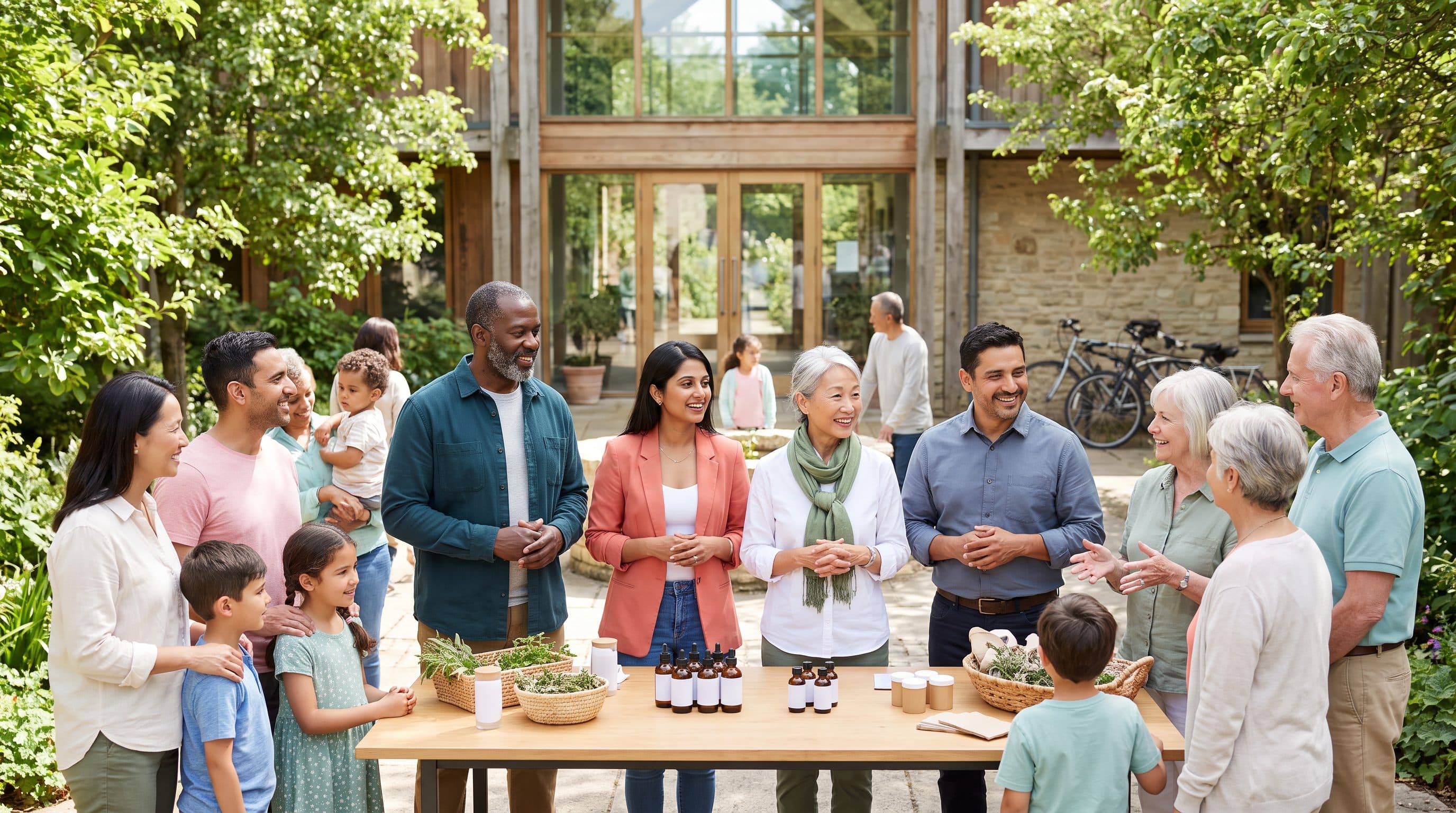 A diverse naturopathic practice team helping visitors at an outdoor wellness fair