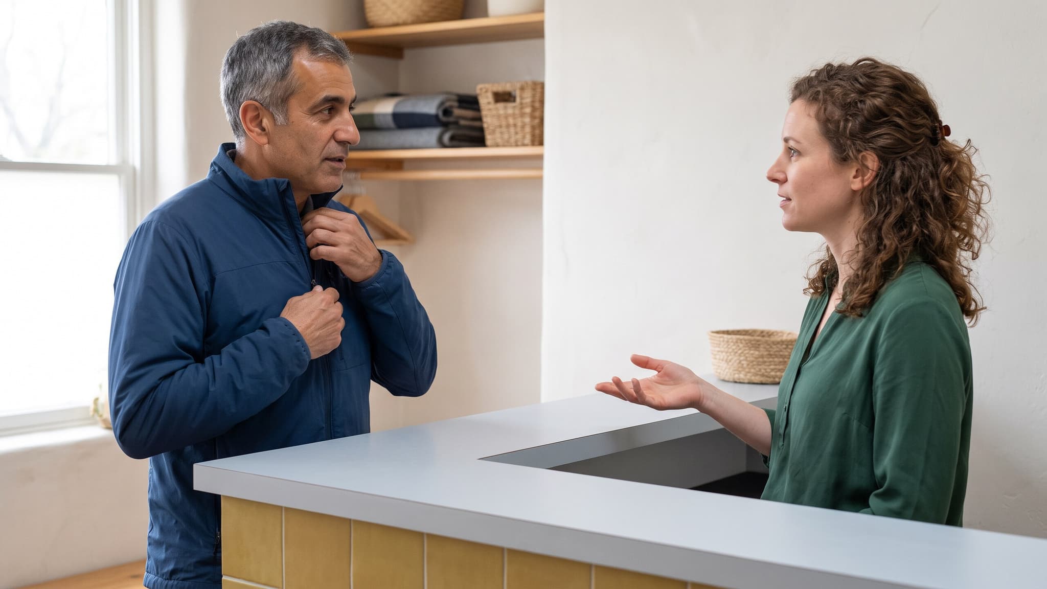 A patient adjusts his jacket while a receptionist clarifies the next step before he leaves the practice.