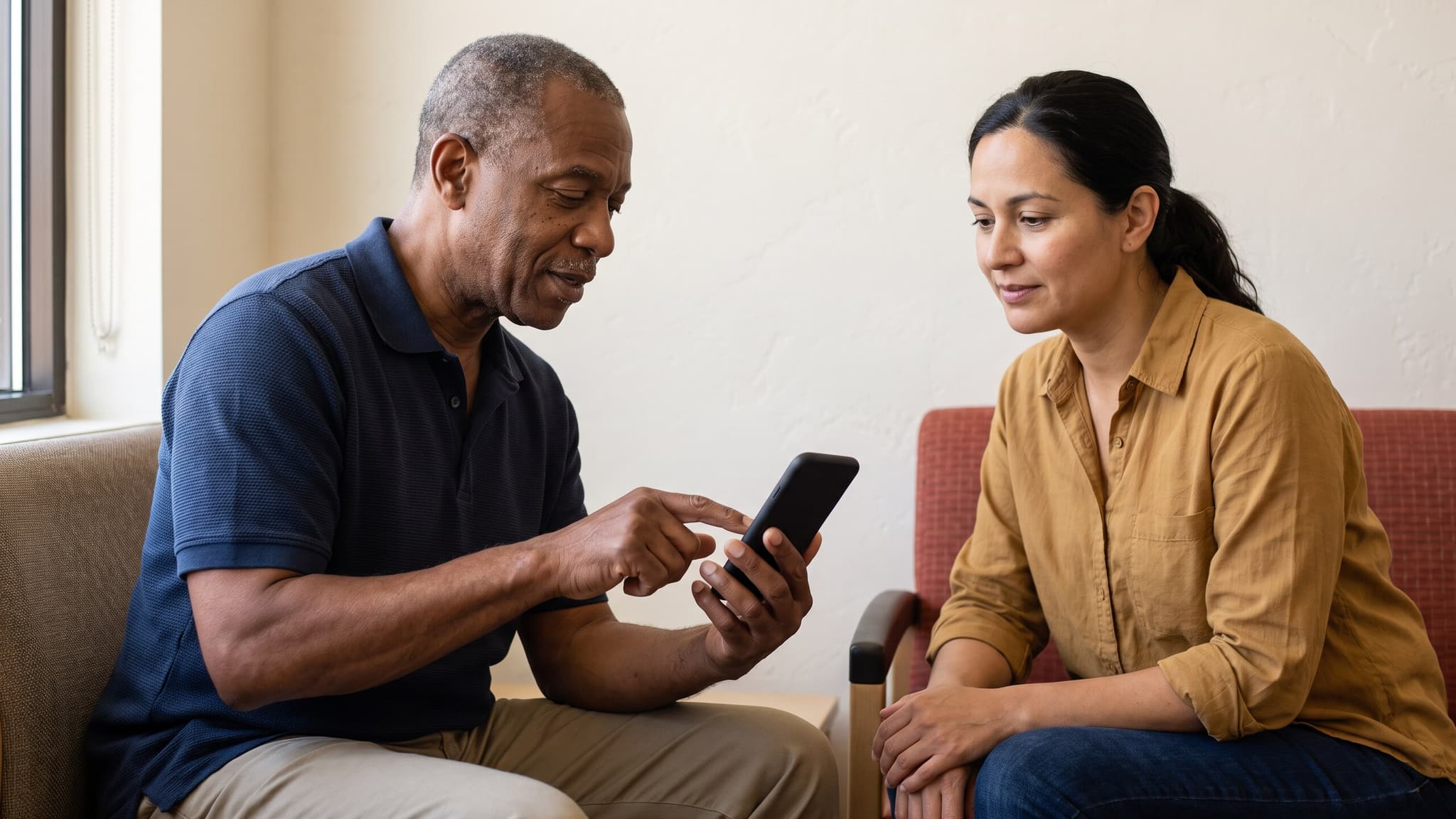 A patient uses his own smartphone while a practice support worker quietly guides him through the first steps.