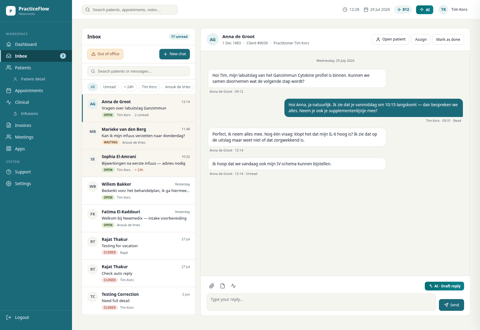 Practiceflow inbox with patient chat and AI draft reply — sample conversation, not a real patient