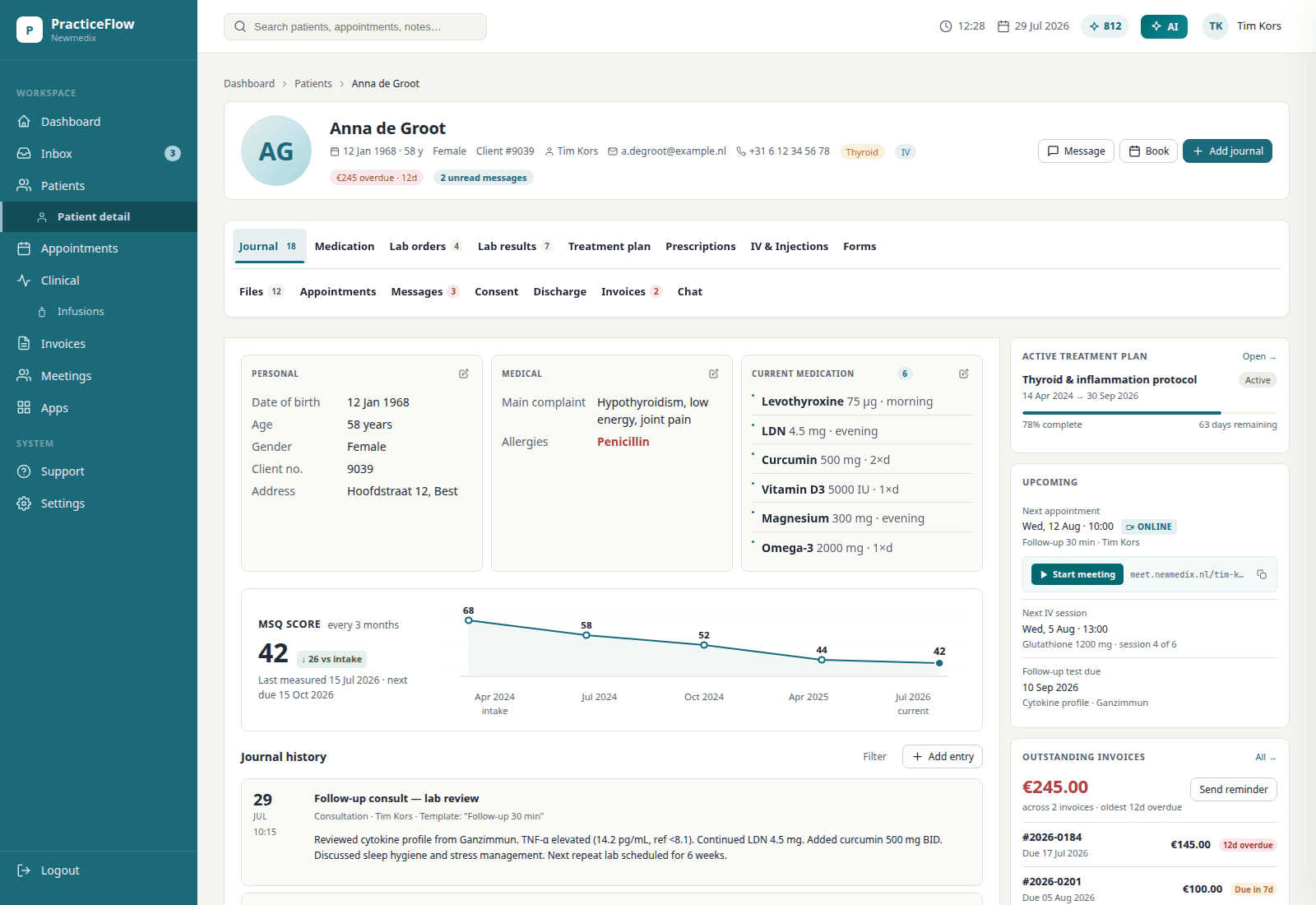 Practiceflow patient file with journal, labs, treatment plan, and invoices — fictional demo data